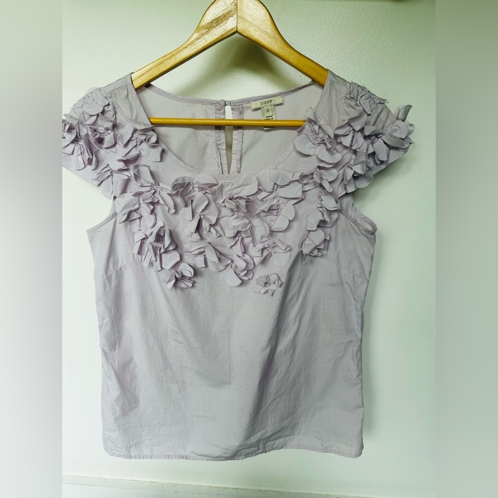 JCrew women’s cap sleeve lavender blouse with floral, appliqué detail